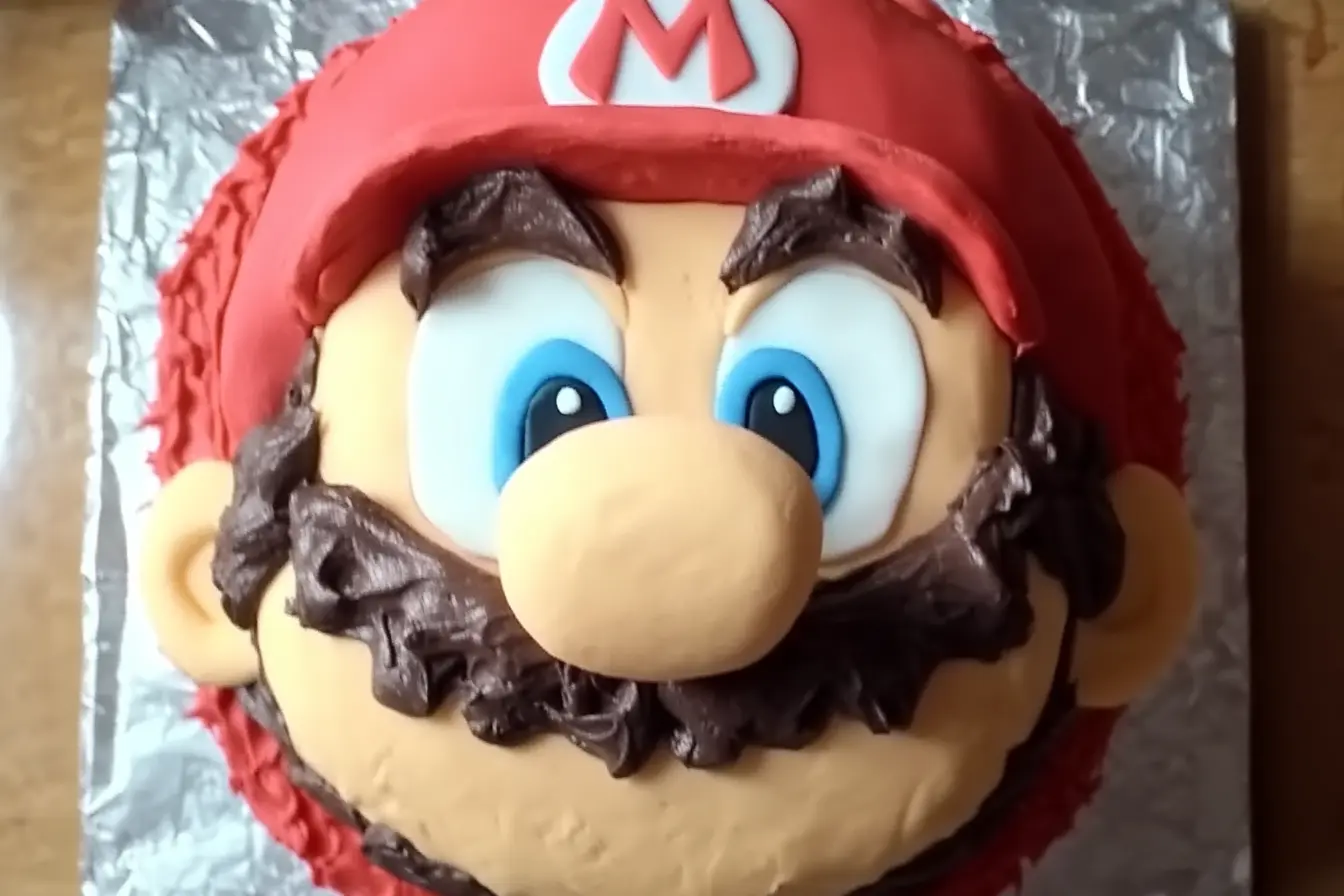 Realistic Mario birthday cake with detailed decorations on a wooden table