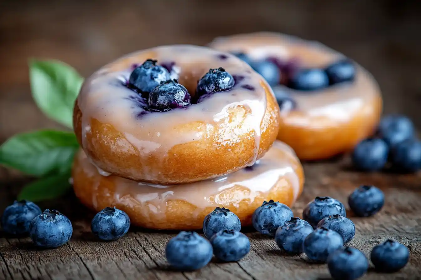 Fresh blueberry bagels on a wooden table