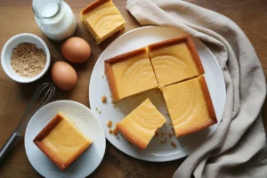 Sliced kefir sheet cake on a white plate, surrounded by eggs, milk, brown sugar, and a whisk on a wooden table. A simple and wholesome dessert recipe