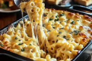 Golden-brown mac and cheese with crispy breadcrumbs in a ceramic dish, topped with parsley