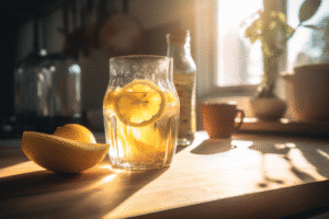 Ice Water Hack Recipe for Weight Loss with apple cider vinegar and lemon in a sunlit glass on a rustic kitchen counter