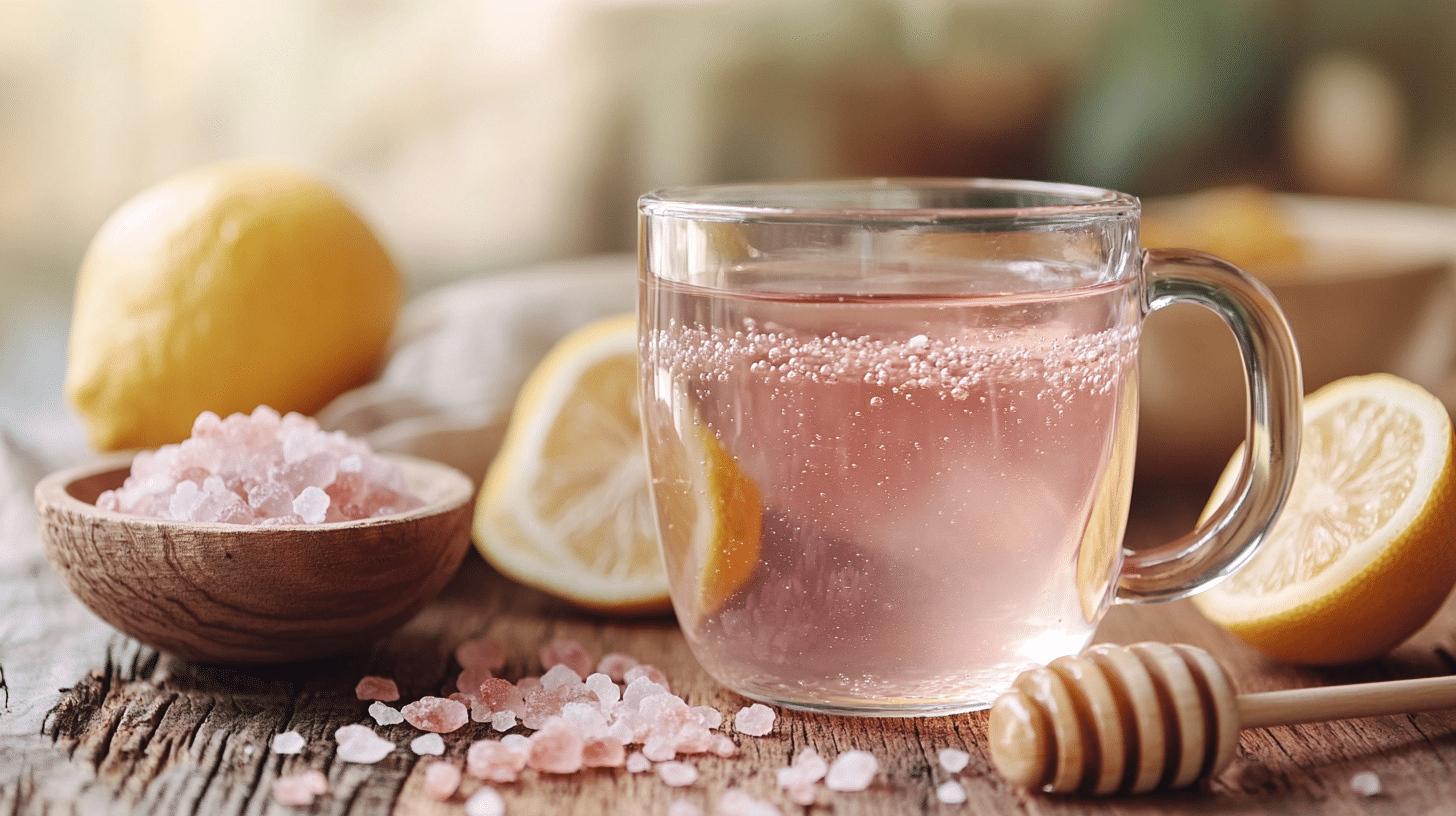 Basic morning pink salt drink in a glass mug with lemon and honey