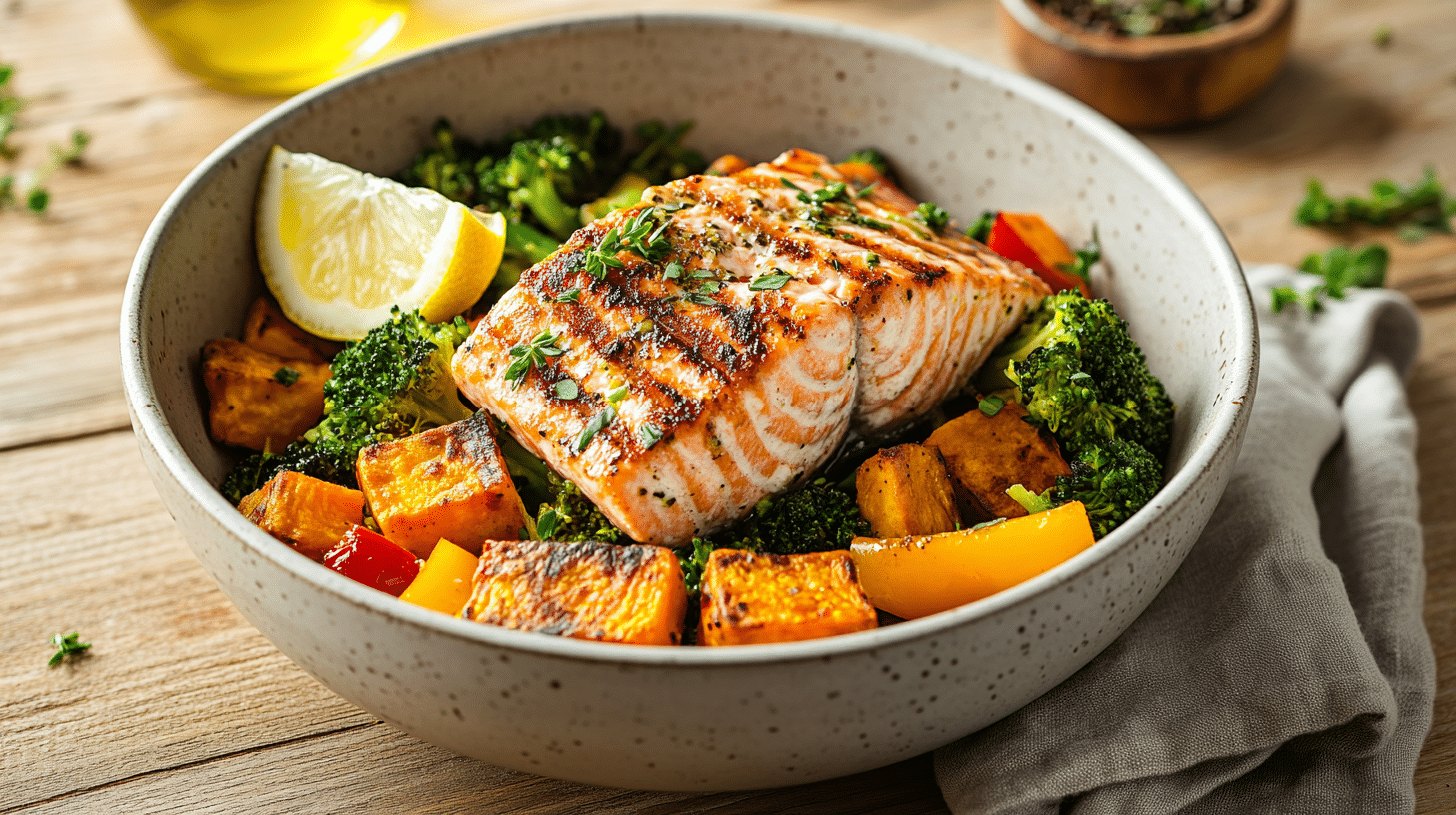 Grilled salmon bowl with sweet potato and veggies for natural Zepbound recipes for weight loss