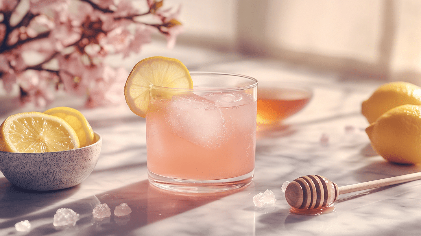 Glass of japanese pink salt trick with lemon slice and honey