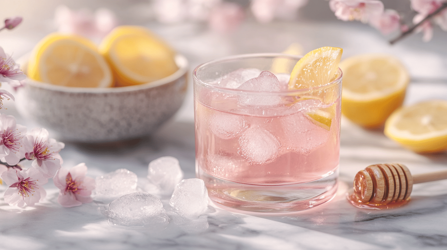 Japanese pink salt trick drink recipe with ice, lemon, and honey