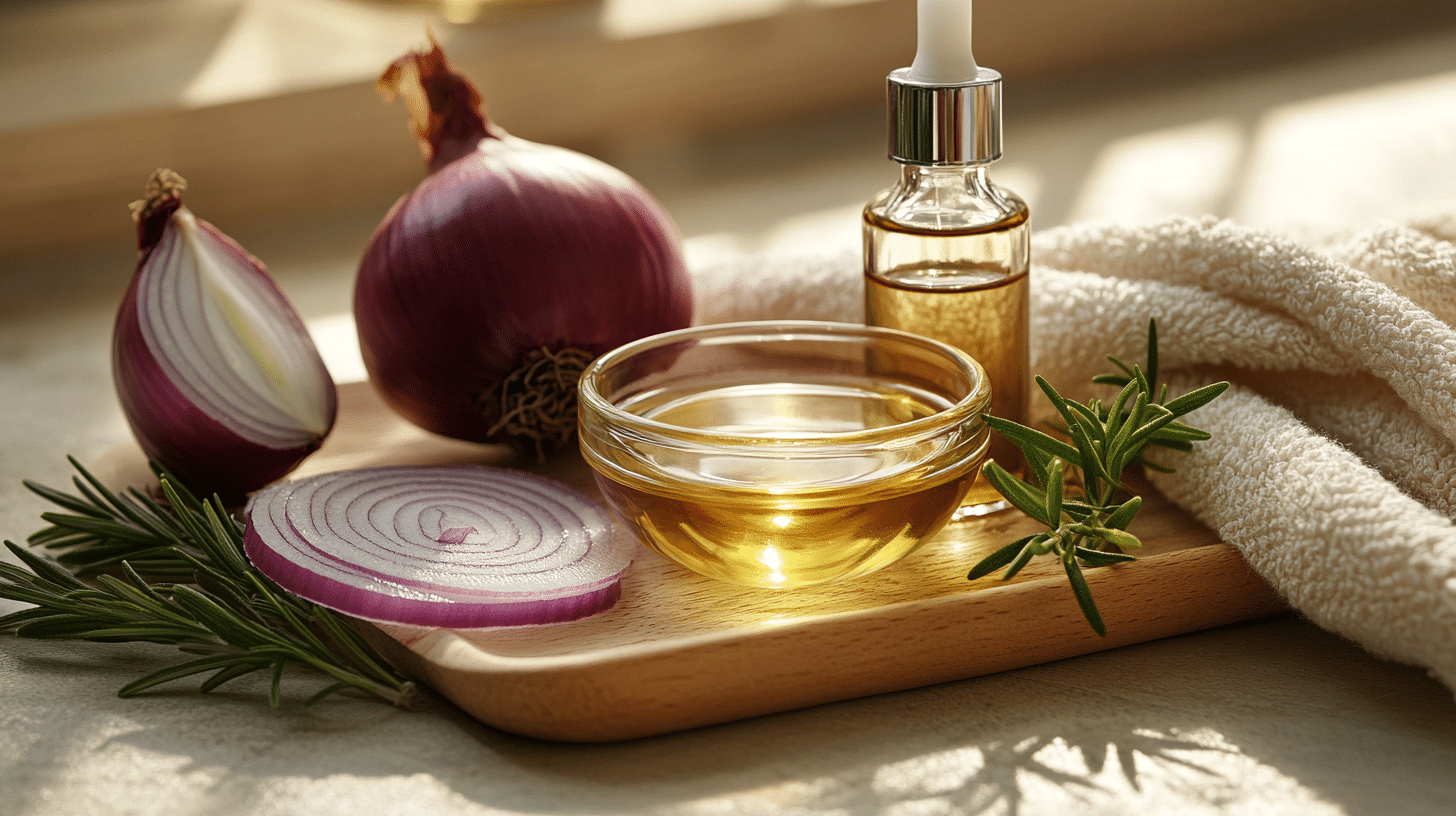 Onion rosemary castor oil tonic for preventing hair loss on Zepbou