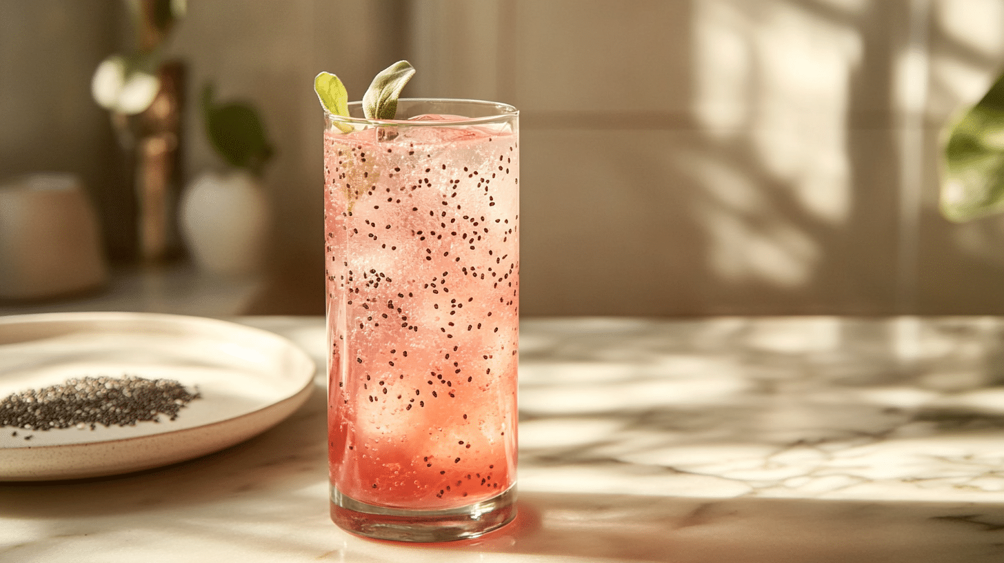 Glass of pink Himalayan salt weight loss recipe with chia and black sesame seeds in rustic kitchen