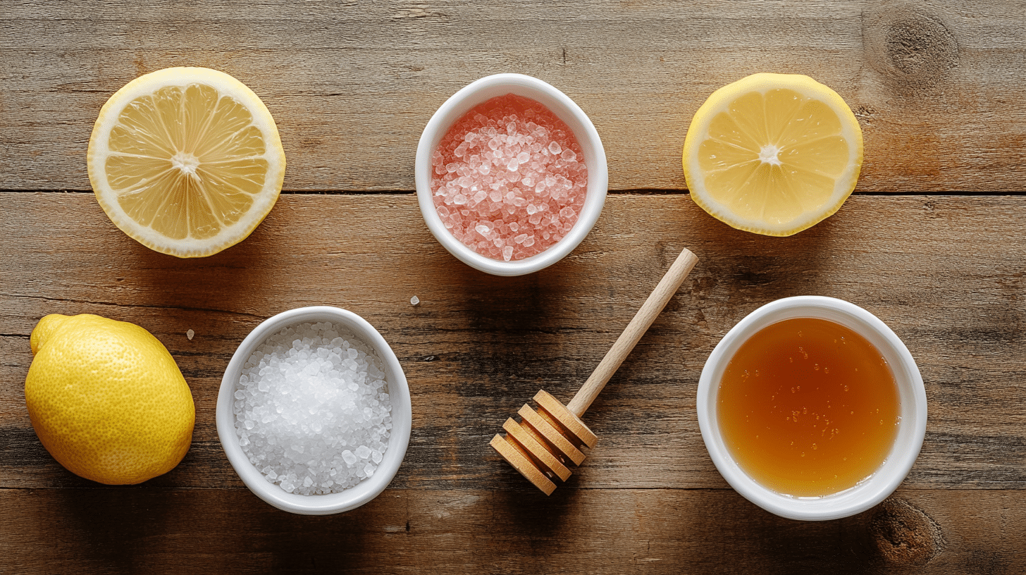 flat lay of pink Himalayan salt, lemon, raw honey, and sea salt for pink salt diet drink recipe
