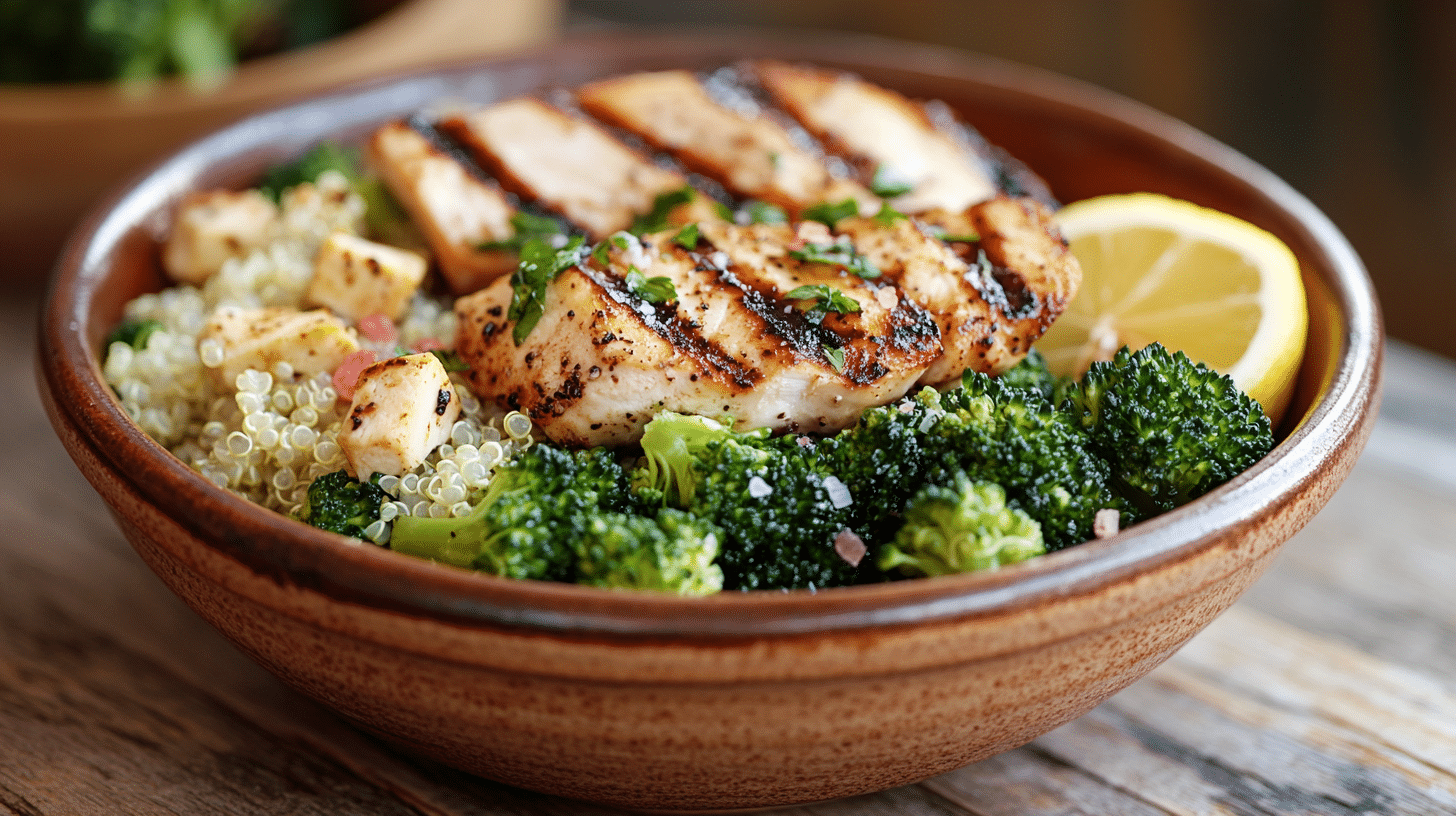pink salt diet recipe with broccoli, quinoa, grilled chicken, and Him