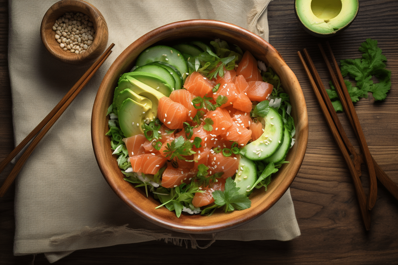 pink salt diet recipe with salmon, avocado, cucumber, and sesame in a rustic bowl