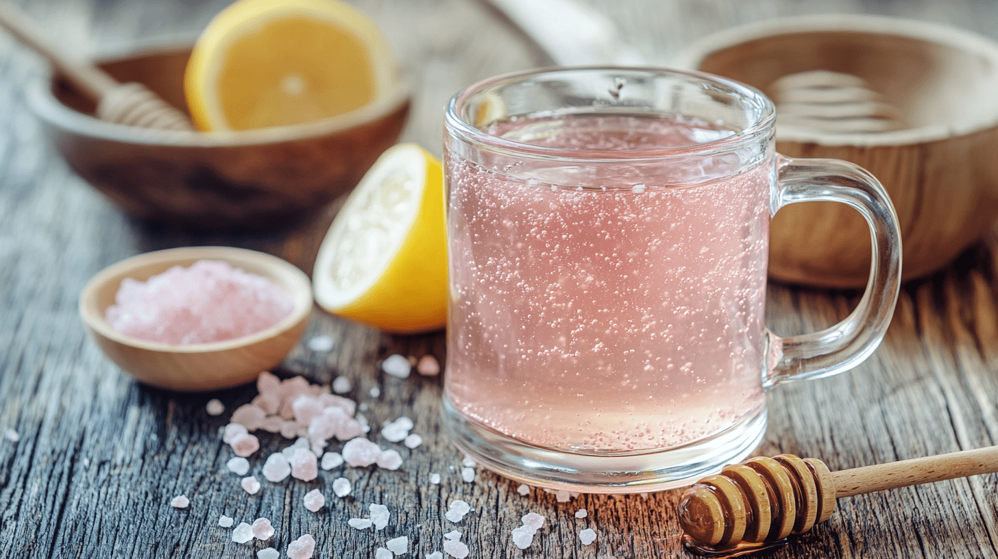 Ingredients for pink salt trick drink including Himalayan salt, honey, and lemon