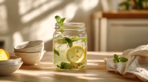 pumpkin seed weight loss drink recipe in glass jar with lemon and mint
