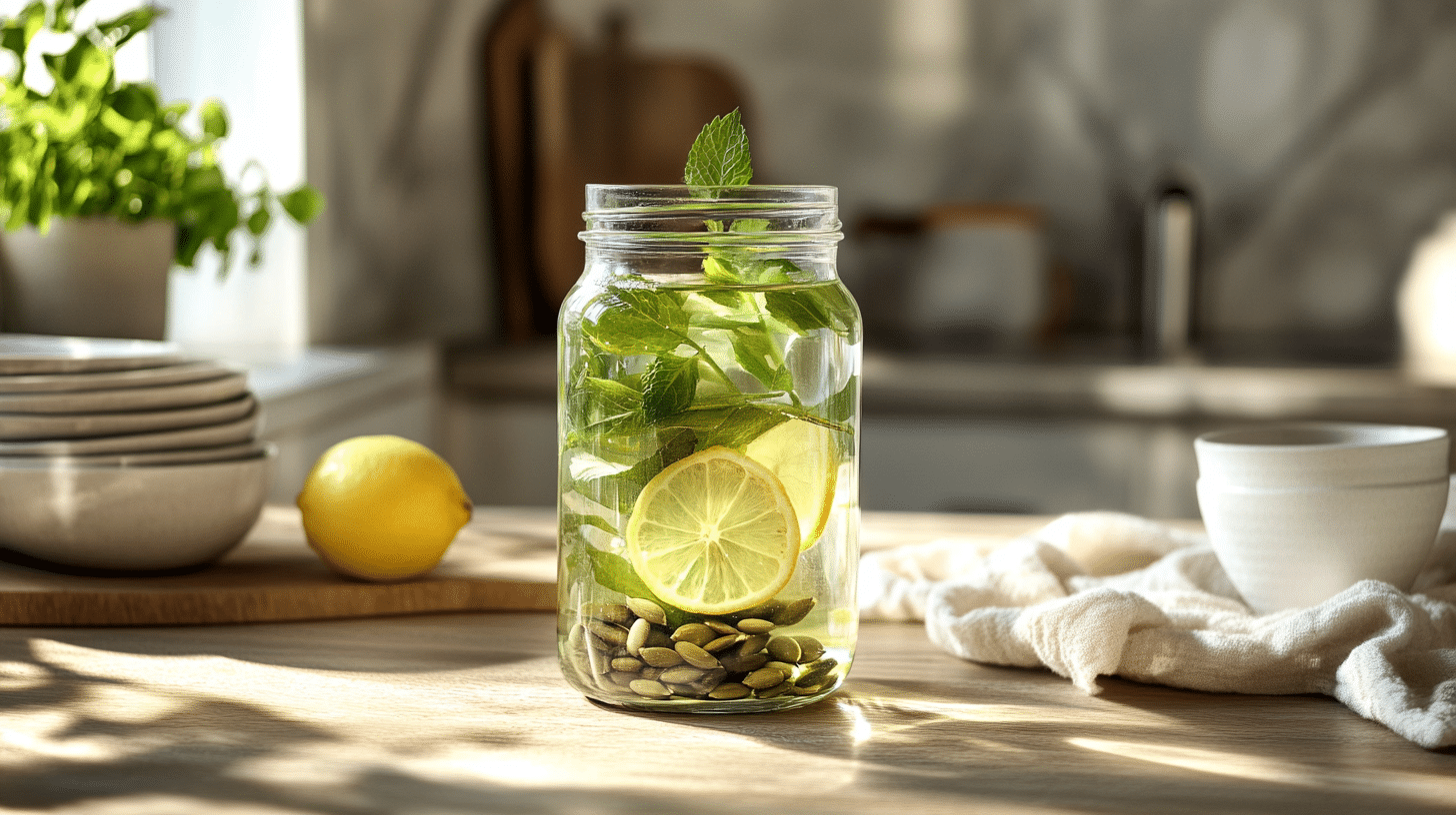 glass jar of pumpkin seed weight loss drink with lemon and mint on wooden countertop