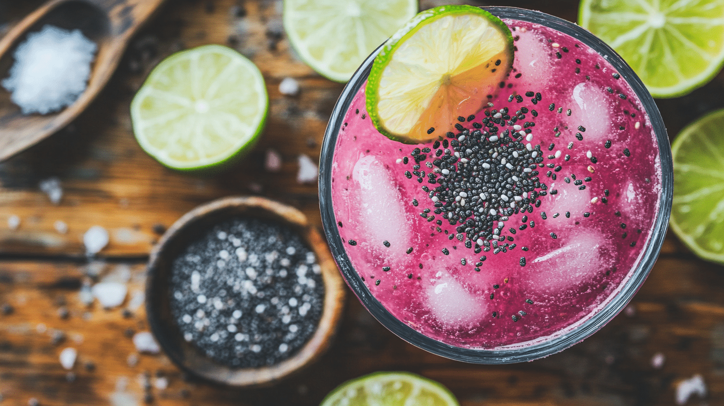 Overhead shot of seeded pink salt drink with lime and sesame on wooden table